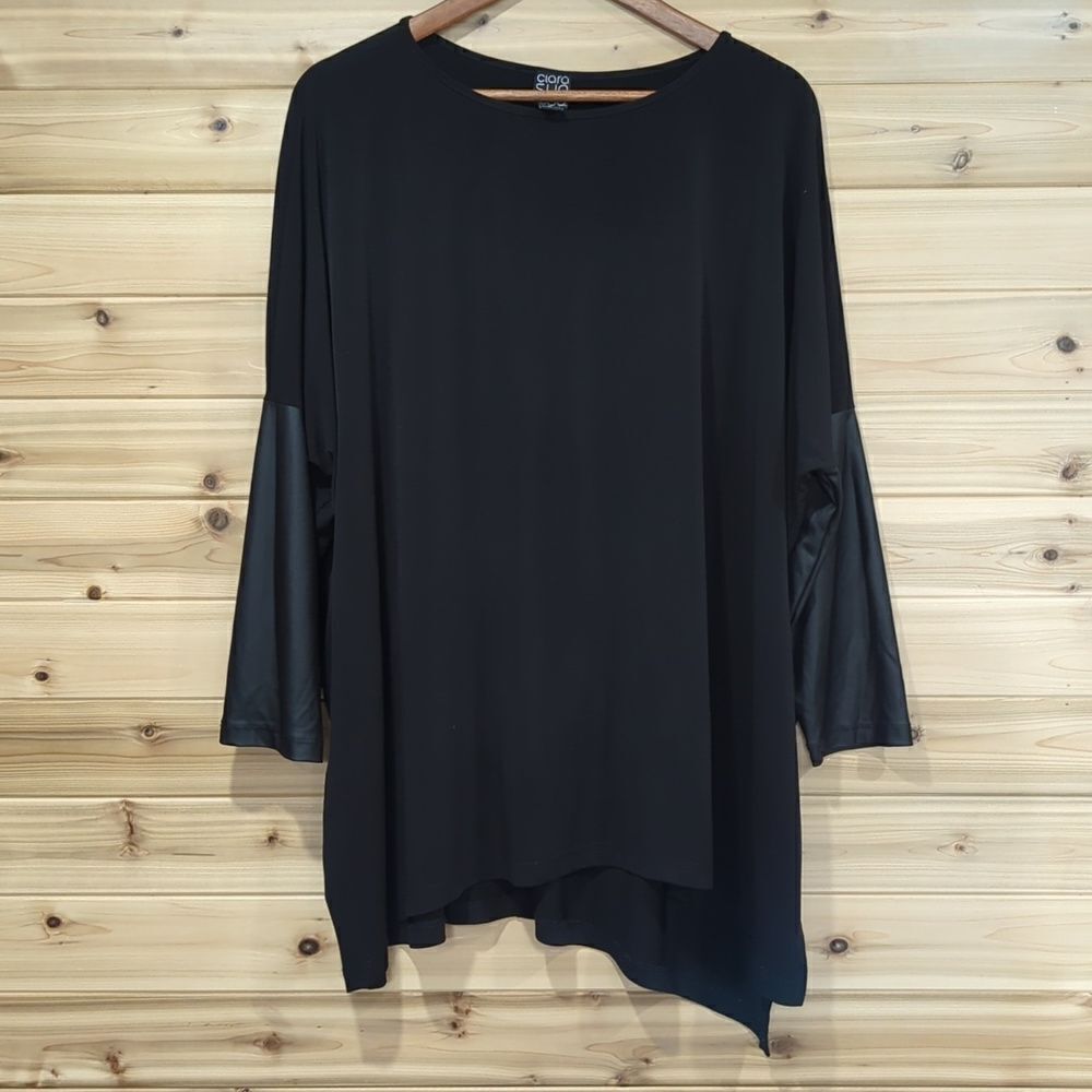 Clara Sun Woo Top Womens Medium Black Blouse Faux Leather Art Lagenlook